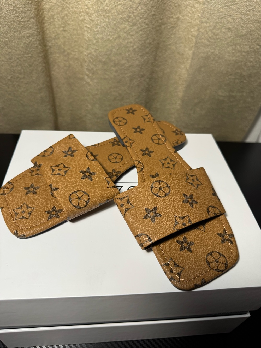 Designer-Style Tan Monogram Slide Sandals